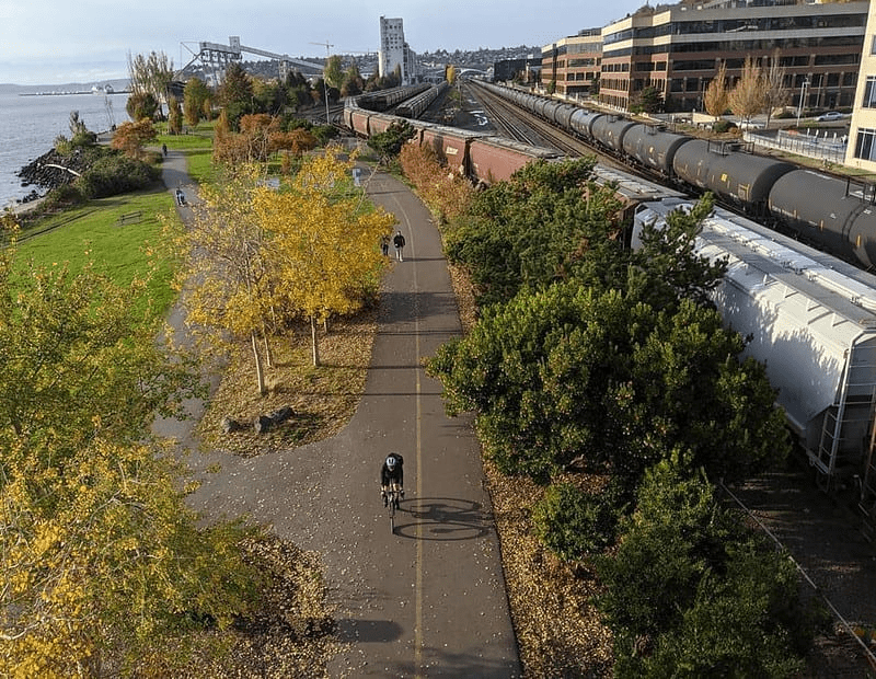 Overhead view of people biking on Elliott Bay Trail.