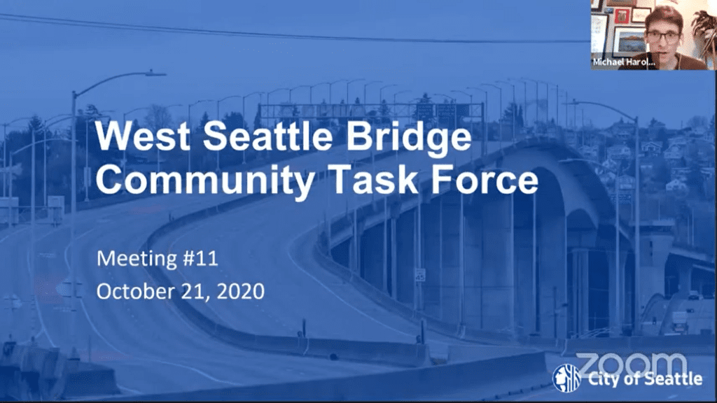 Powerpoint slide with blue image of bridge in background. White writing reads: "West Seattle Bridge Community Task Force. Meeting #11. October 21, 2020."