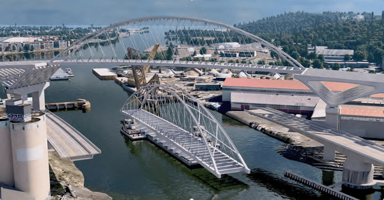 This rendering shows the rapid replace option proposed by HNTB. A span is floating in the water, and a new span is across the bridge.