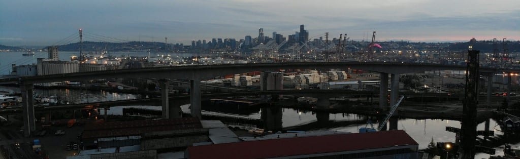 Downtown Seattle and the West Seattle High-Rise Bridge viewed from the South at dusk. Photo Credit: SDOT.