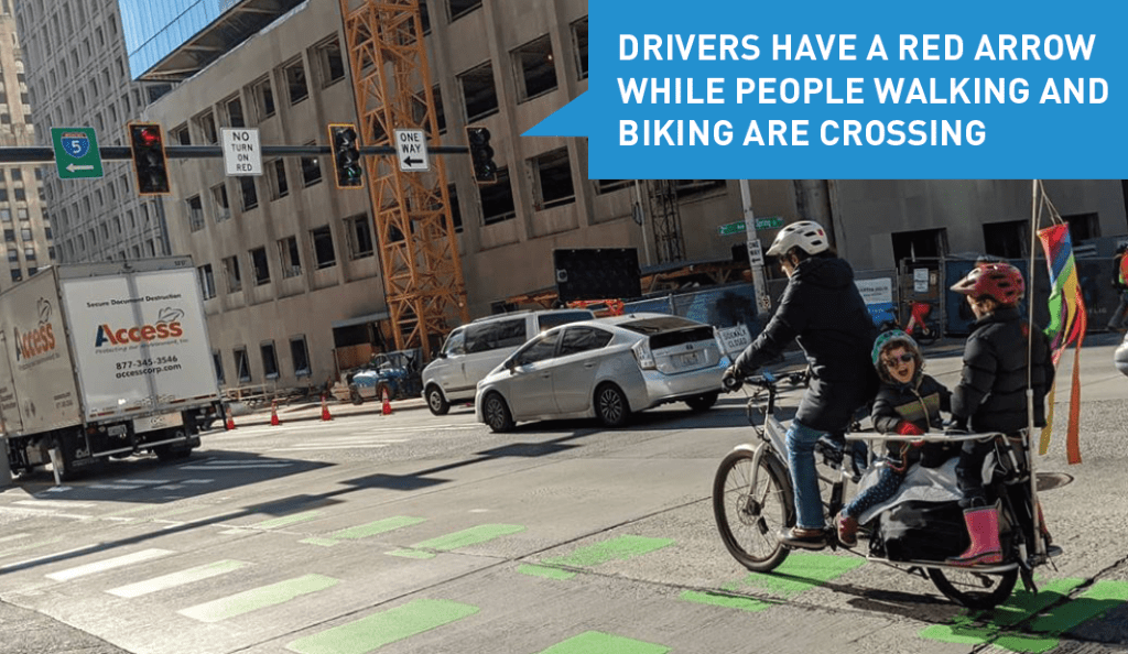 When people walking, rolling, and biking have a signal to cross Lenora St or Stewart St on 4th Ave, people driving will see a red arrow so drivers aren’t permitted to turn at the same time people walking, biking, or rolling see the crossing signal.  