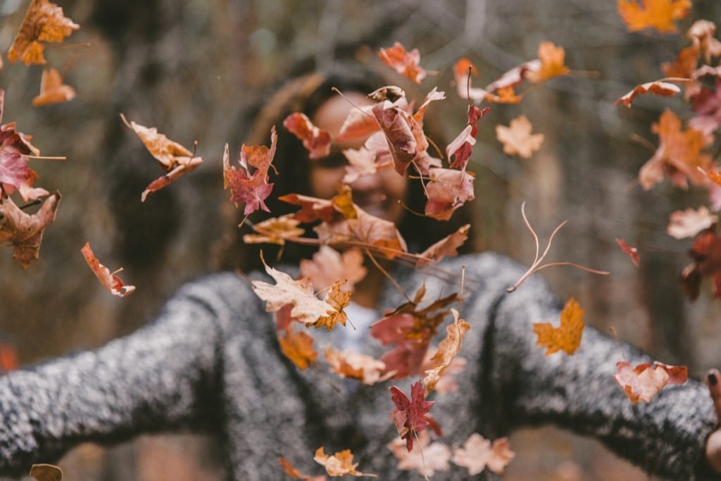 Person in woods in gray shirt throwing fall leaves in the air. Person is viewed head on, but leaves block person's face from view.