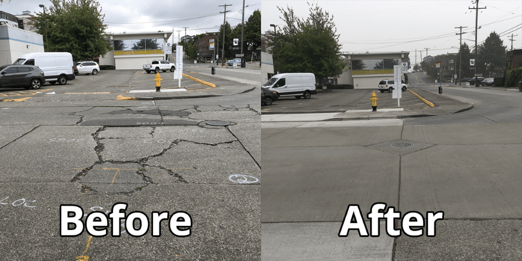 Before and after repaving at 44th Ave SW and SW Edmunds St.