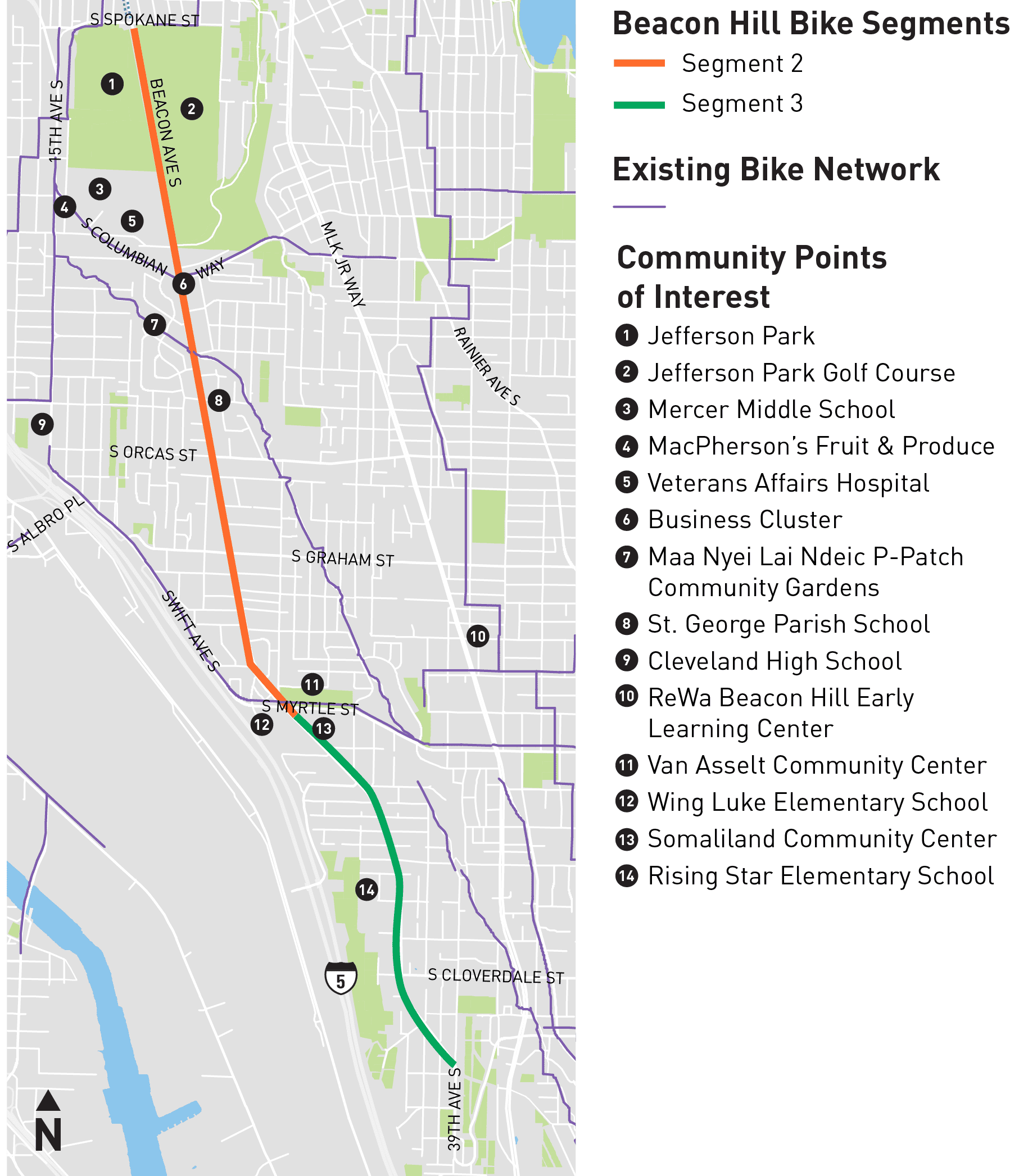 Map showing Beacon Hill Bike Route. Orange line shows segment 2. Green line shows segment 3.  Segment 1 will extend from Dr. Jose Rizal Bridge to S Spokane St, Segment 2 will cover S Spokane St to S Myrtle St,