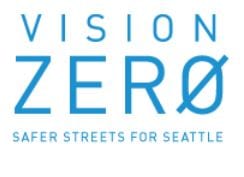 "Vision Zero Safer Streets for Seattle" in blue writing on white background.