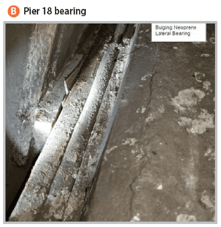 Concrete with caption, "Bulging neoprene lateral bearing."