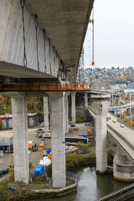 The West Seattle Bridge work platform viewed from under the bridge, looking west. The Low Bridge is also shown in this image, taken during the day.