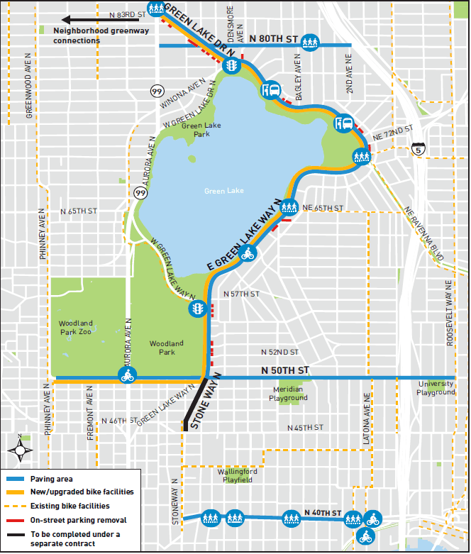 A Map of the project area near Green Lake. The paving area is shown from west to east from Phinney Ave N to Roosevelt Way NE on N 50th St. The paving area is also on E Green Lake Way N from N 50th St to N 83rd St. It is also on N 40th St from Stone Way N to Latona Ave NE. 
