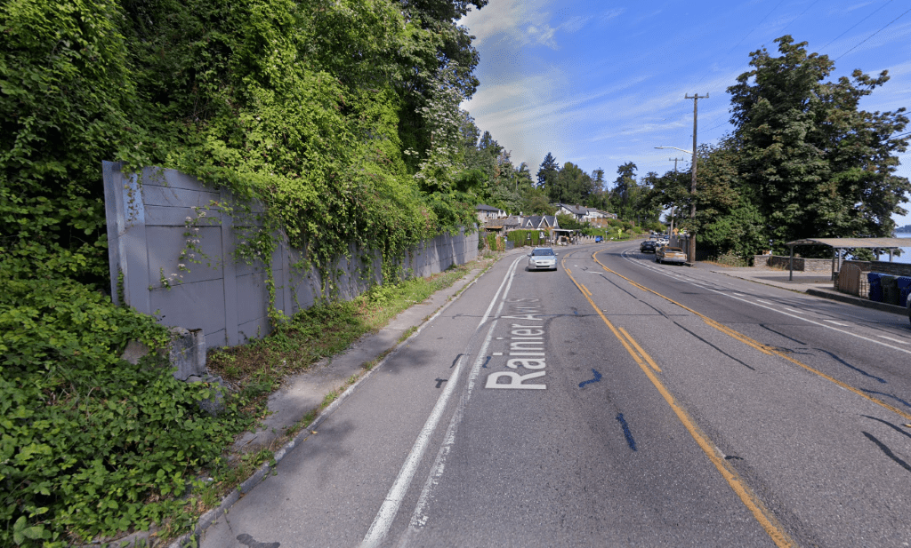 An area prone to landslides along Rainier Ave S, before a retaining wall was replaced & sidewalks were improved.