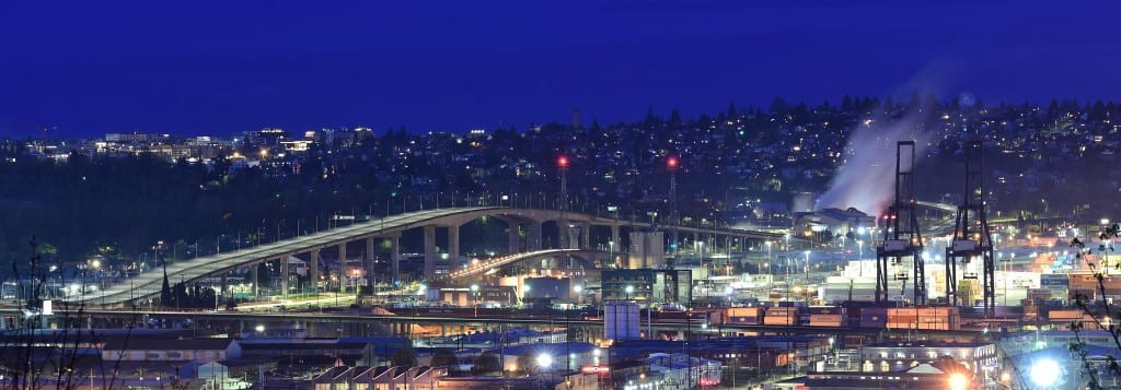 A view of the entire West Seattle Bridge at night, looking west.