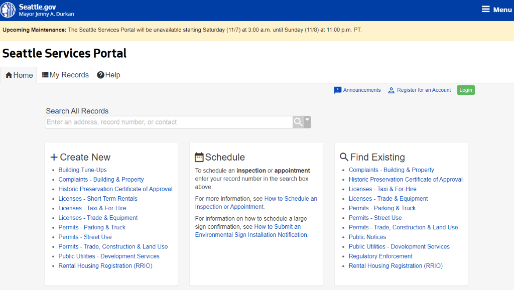 A screenshot of the Seattle Services Portal Homepage. The following link, which is the same as the link in the caption, brings you to the homepage. https://cosaccela.seattle.gov/Portal/Default.aspx