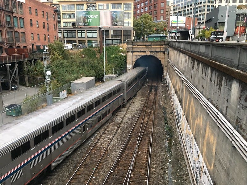 A train going through a tunnel under Downtown Seattle.