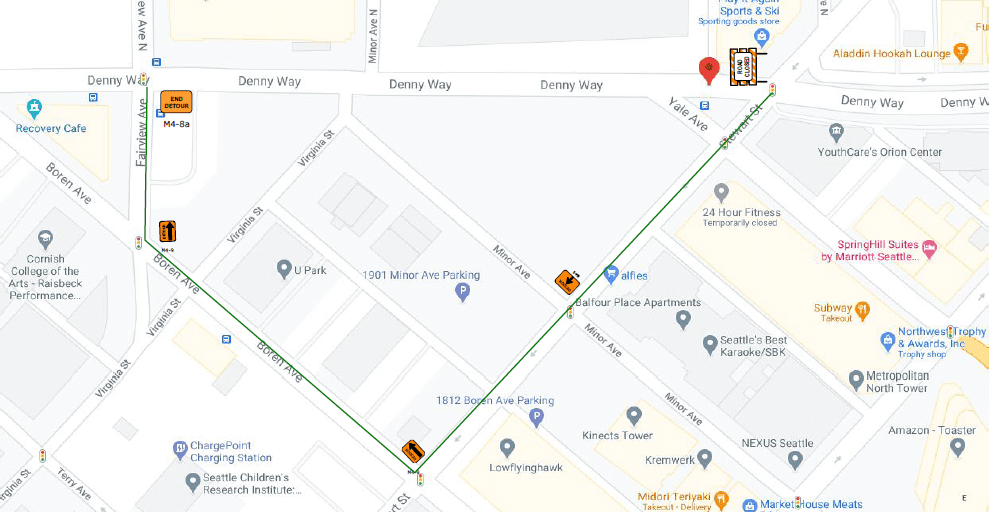 Map showing the location of the closure on Denny Way from Yale Ave to Fairview Ave. A green line shows the detour route described in the blog.