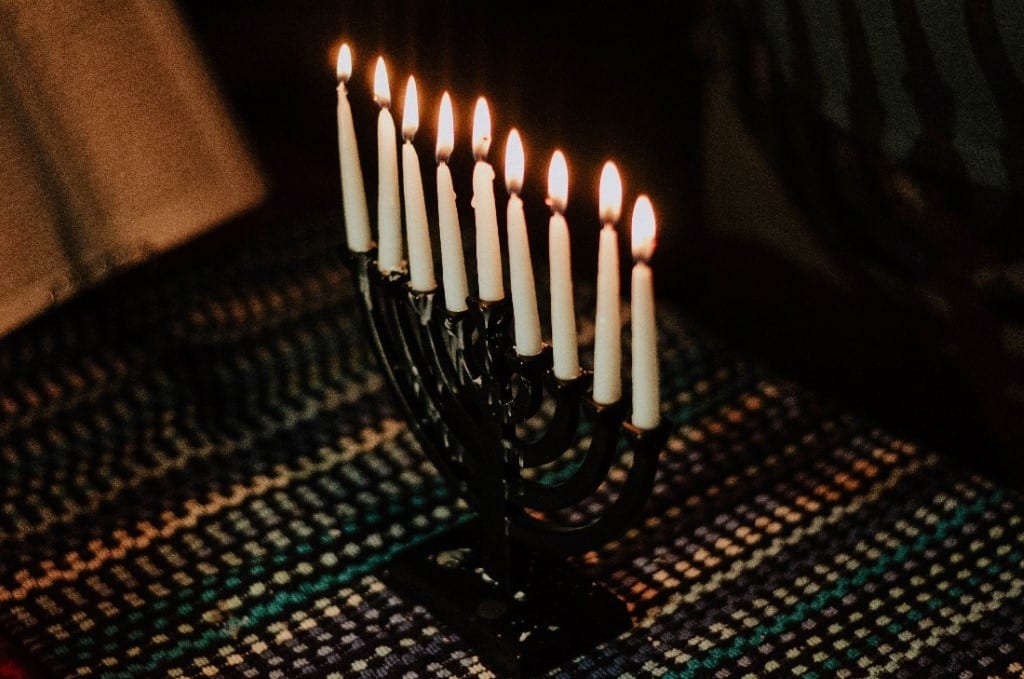 Menorah with all candles lit.