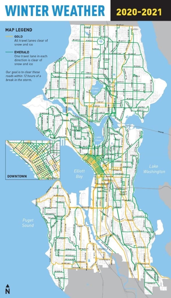 A map shows planned snow plow routes in Seattle.