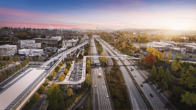 Digital rendering of the new Northgate Pedestrian and Bike Bridge over Interstate 5. The bridge and Interstate 5 are shown from above.