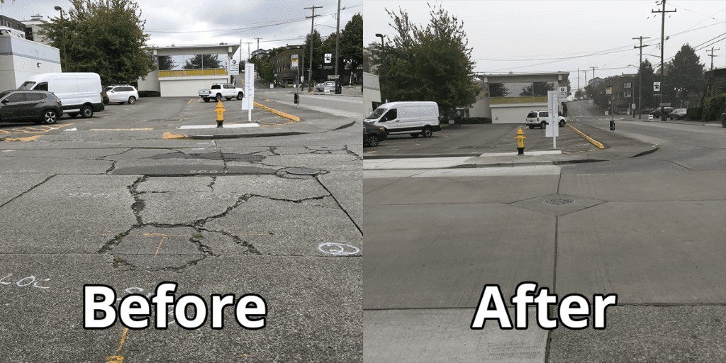 The left image shows cracked pavement before the repaving was completed. The right image shows smooth, new pavement after the work was completed.