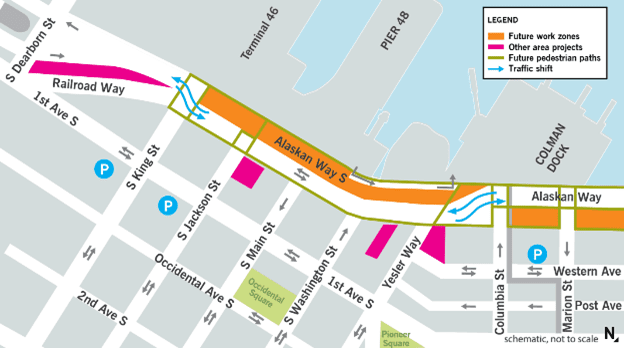 Map of project area on Alaskan Way S. An orange line shows future work zones on Alaskan Way S from S King St to just past Marion St. Pink areas show other area projects near S Dearborn St and Railroad Way, S Jackson St S Washington St and Yesler Way.