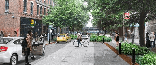 This rendering shows curbless streets and new landscapes on S Washington St in Pioneer Square.