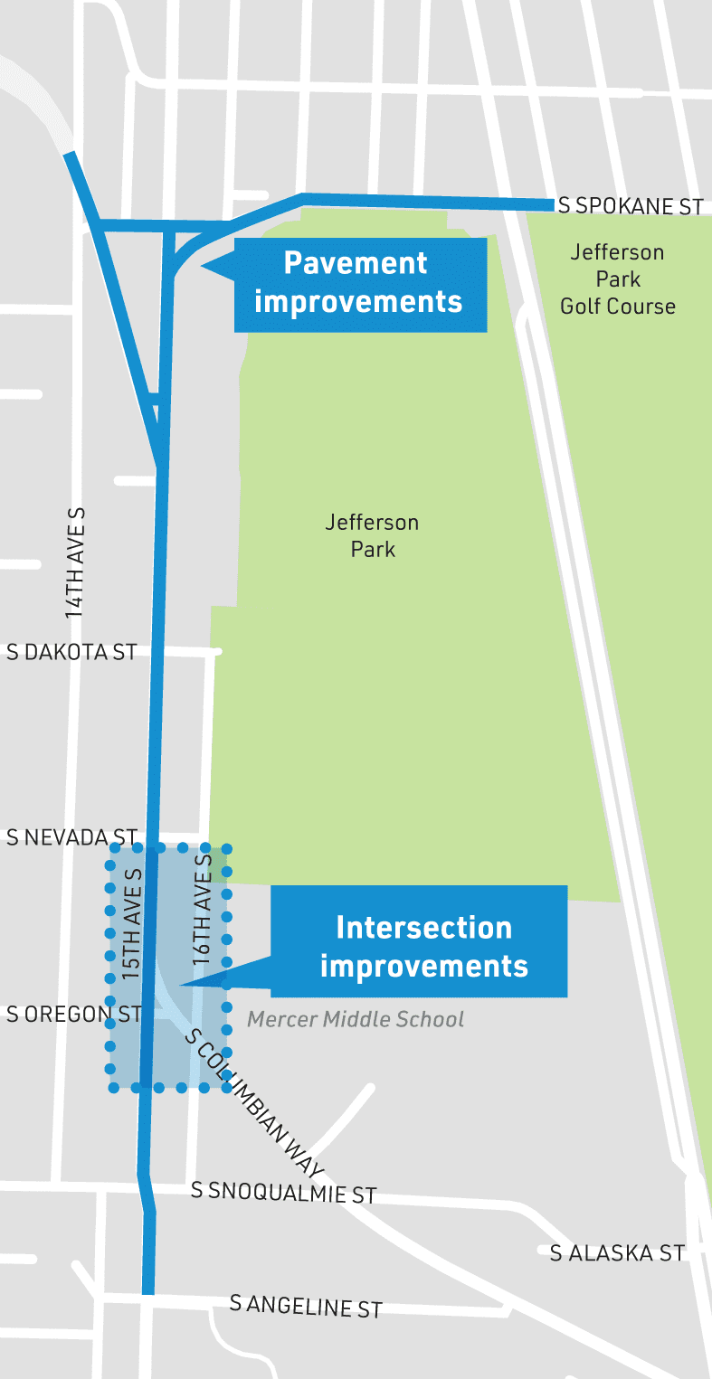 Map showing location of paving improvements along 15th Ave S between S Spokane St and S Angeline St.  For more information, call (206) 684-4193. 