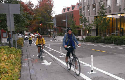 People biking on a protected bike lane.