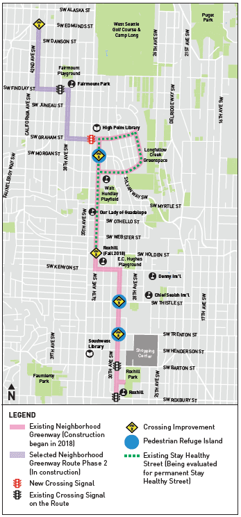 Map of West Seattle Neighborhood Greenway. From North to South, Phase 2 is shown with a purple line. Phase 2 begins at SW Edmunds St and 42nd Ave SW, continues for 4 blocks, then turns east on SW Findlay St, continues for 4 blocks, then turns south on 38th Ave SW, continues for three blocks, then turns east on SW Graham St, continues for 4 blocks to the new signal at 35th Ave SW and SW Graham St near the High Point Library. Then, Phase 1, shown by a pink line and green dots, begins. This phase continues northeast on SW Graham St, and loops south, then southwest, to reconnect with 34th Ave SW near the Walt Hundley Playfield down to SW Kenyon St. The line is now just pink, with no green dots. At SW Kenyon St, Phase 1 turns east, goes for three blocks, and turns south on 30th Ave SW down to SW Roxbury St. The green dots represent an existing Stay Healthy Street. There are existing crossing signals at SW Findlay and 39th Ave SW, SW Barton and 30th Ave SW, SW Roxbury and 30th Ave SW. Crossing improvements are shown at SW Trenton St and 30th Ave SW, SW Thistle St and 30th Ave SW, SW Holden St and 34th Ave SW, and SW Morgan St and 34th Ave SW.