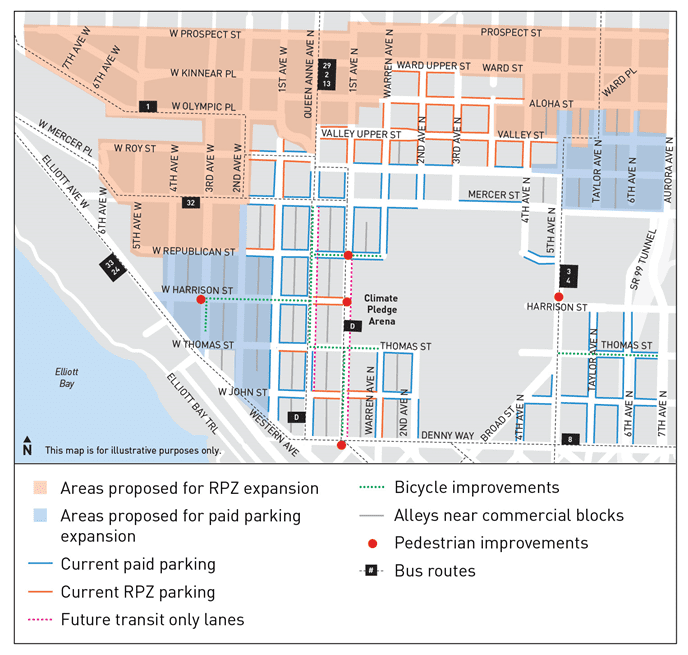 Map of draft street parking and curbside management changes in Uptown. SDOT is proposing that the Restricted Parking Zone (RPZ) should be expanded into the orange shaded areas and paid parking should be expanded into the blue shaded areas. For more information on what streets are changing, contact SDOT at (206) 584-3443.