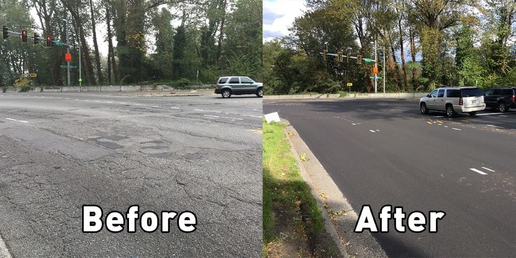 Our asphalt crew repaved the 1st Ave S and Olson Pl SW intersection. Photo Credit: SDOT Flickr. 