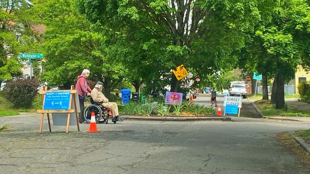Person in wheelchair enjoying a Stay Healthy Street