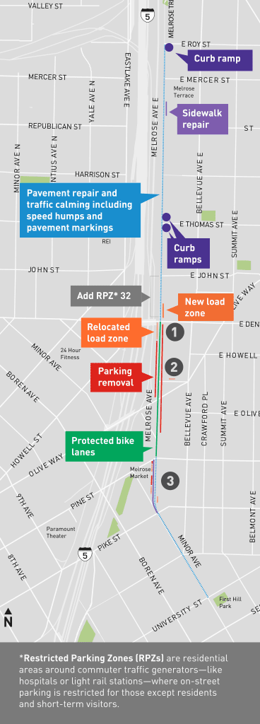 Map showing project area and improvements along Melrose Ave E between E Roy St and University St. For details, call 206-529-4295
