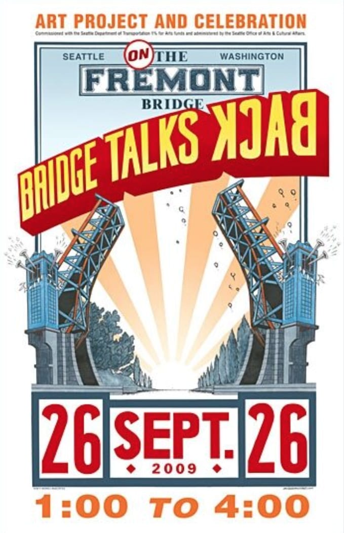 Bridge Talks Back. An image of the poster from an event Kristen organized on the Fremont Bridge, as part of her artist residency, 2009. Photo Credit: poster by Jacques Moiteret
