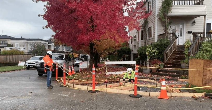 Crews installing a curb ramp in the Madison Park neighborhood in November 2020. Curb ramps are just one way we help ensure all people have safe and easy access to our city’s sidewalks. Photo Credit: Lisa Harrison, SDOT. 