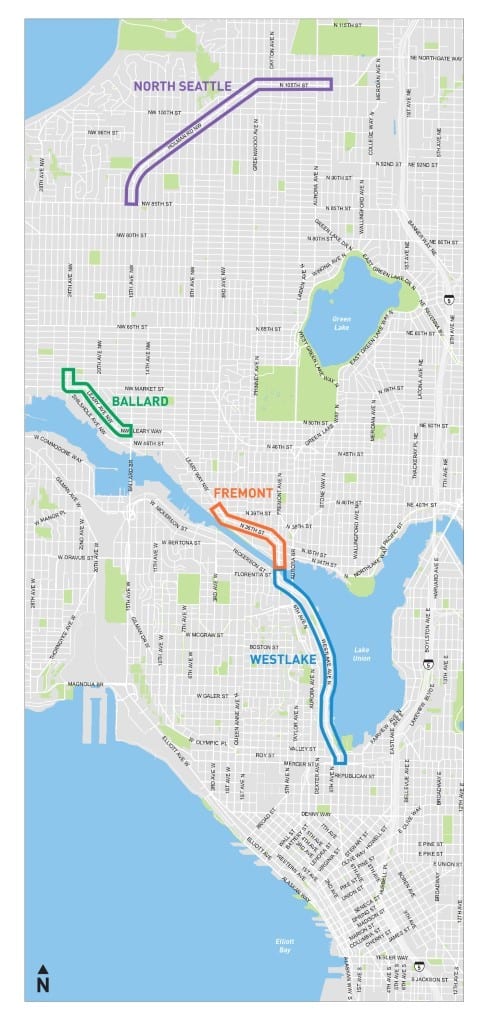 This map shows key improvement areas along Route 40 in Westlake, Fremont, Ballard, and North Seattle