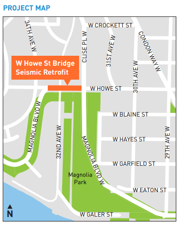 Map showing location of Howe St Bridge on the North side of Magnolia Park
