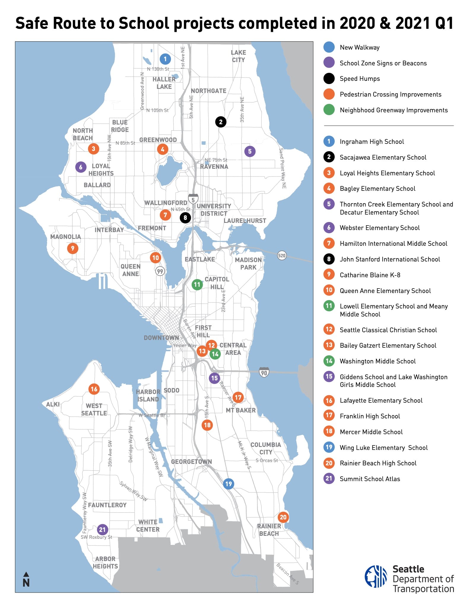 Map showing Safe Routes to School projects at schools across the city