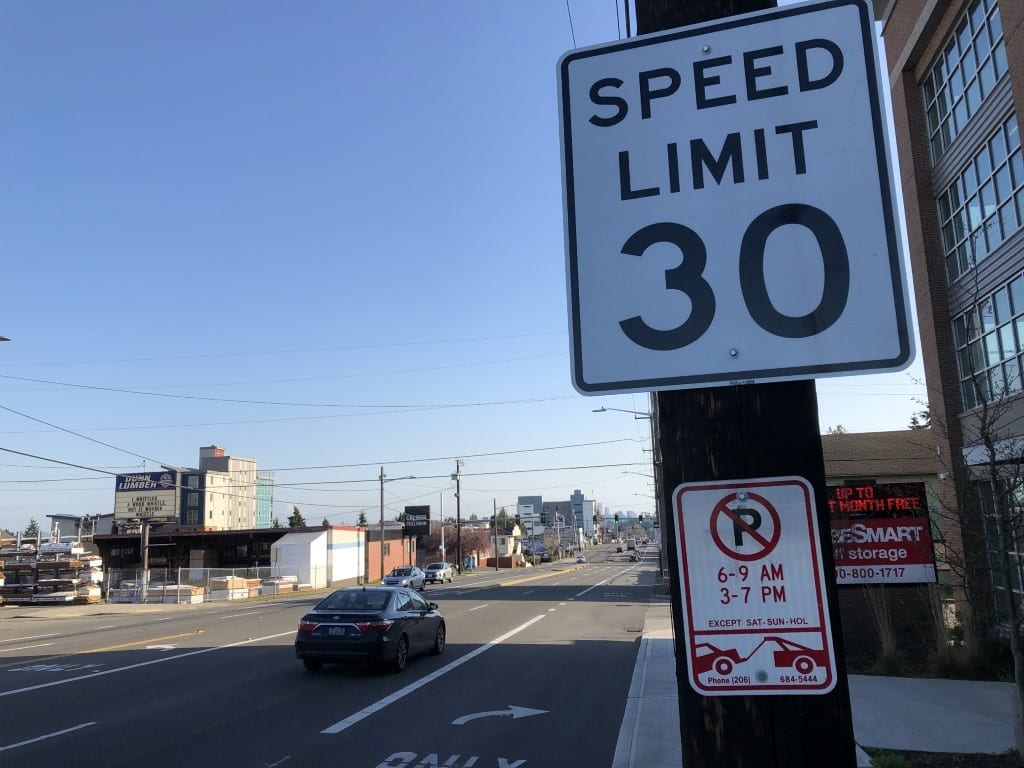 Lower speed limit signs on State Route 99 / Aurora Ave N were installed on March 30. 