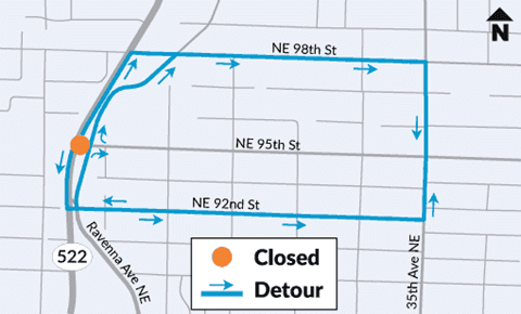 Map showing detour along NE 98th St, 35th Ave NE, and NE 92nd St.