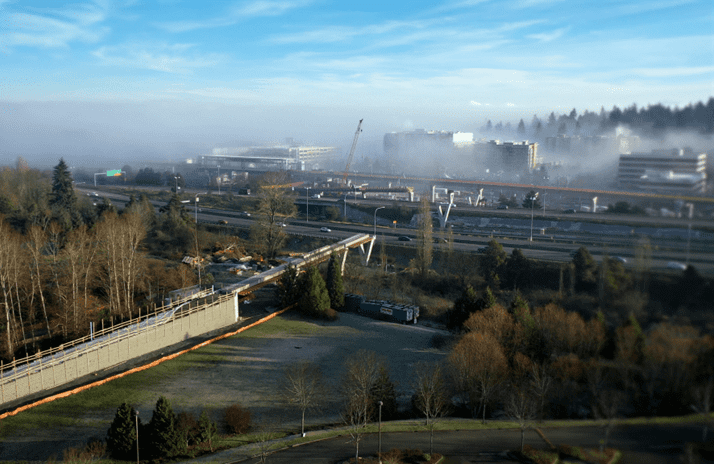 The Northgate Pedestrian and Bicycle Bridge, funded by the Levy to Move Seattle, under construction in January 2021. Photo Credit: Sky Bear Media.