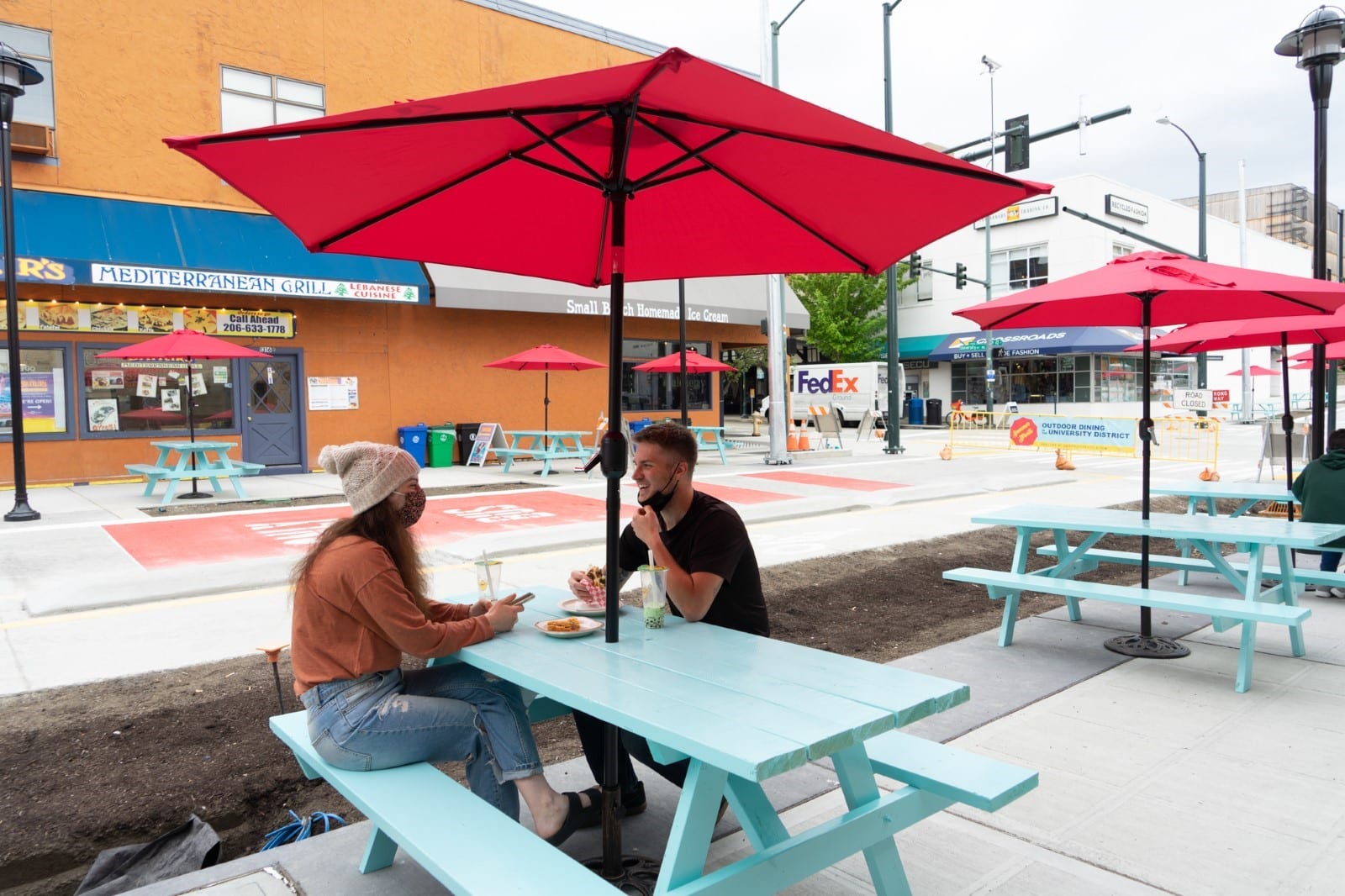 Outdoor dining plaza in the University District. Photo Credit: University District Partnership. 