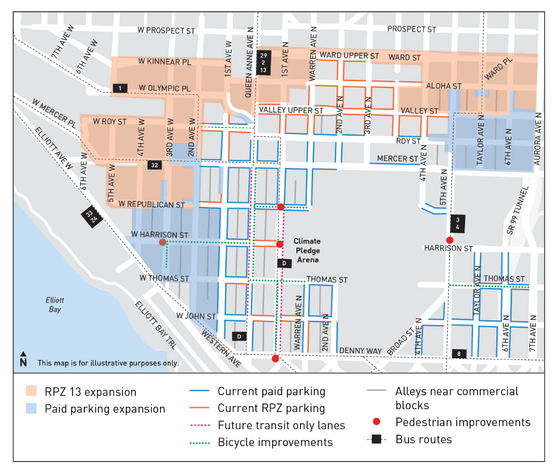 Map showing streets in Uptown where curbspace and access changes will occur. For details, call (206) 584-3443.  