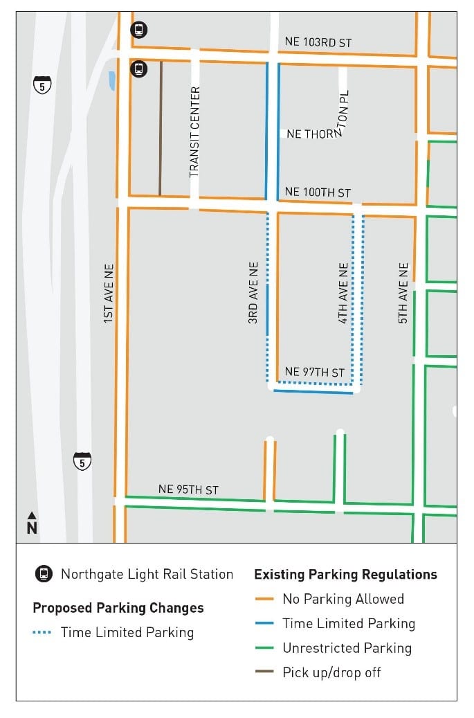 Map of proposed curbspace changes around the new light rail station in Northgate