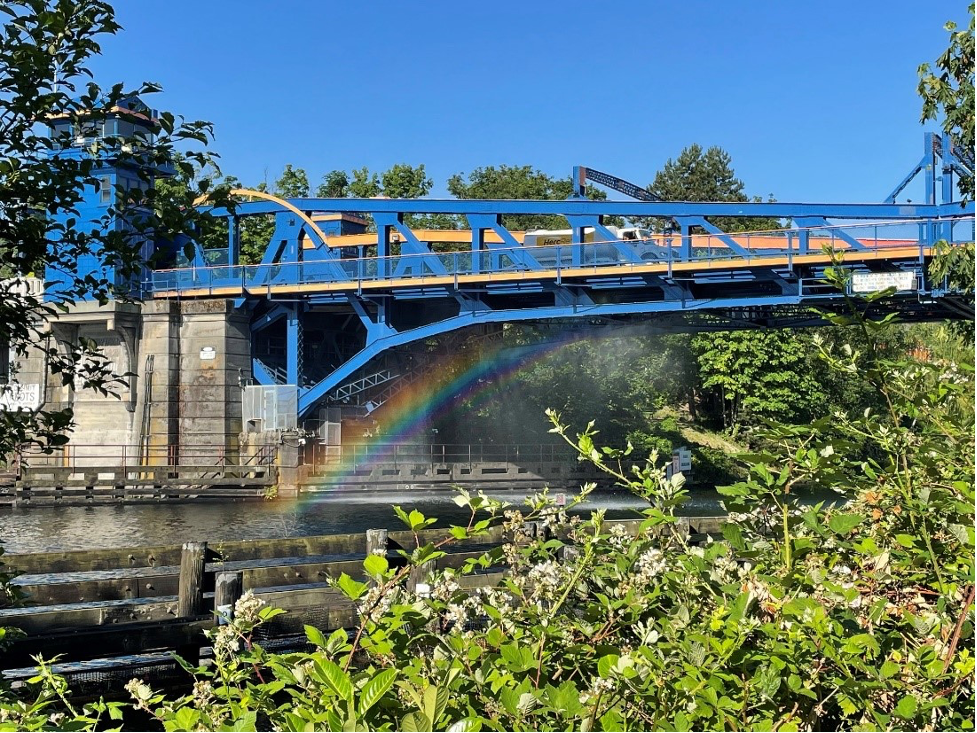 The Fremont Bridge gets a cool spray down during the June 2021 heat wave.