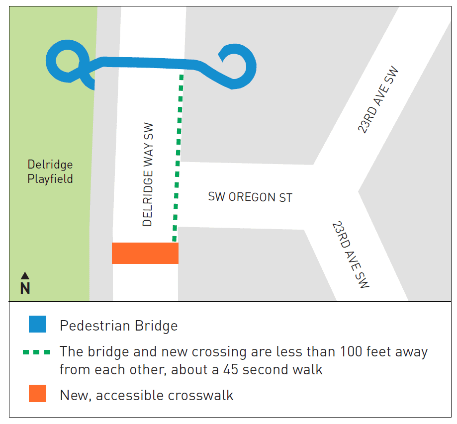 Map showing placement of the pedestrian bridge and the new, accessible crosswalk.