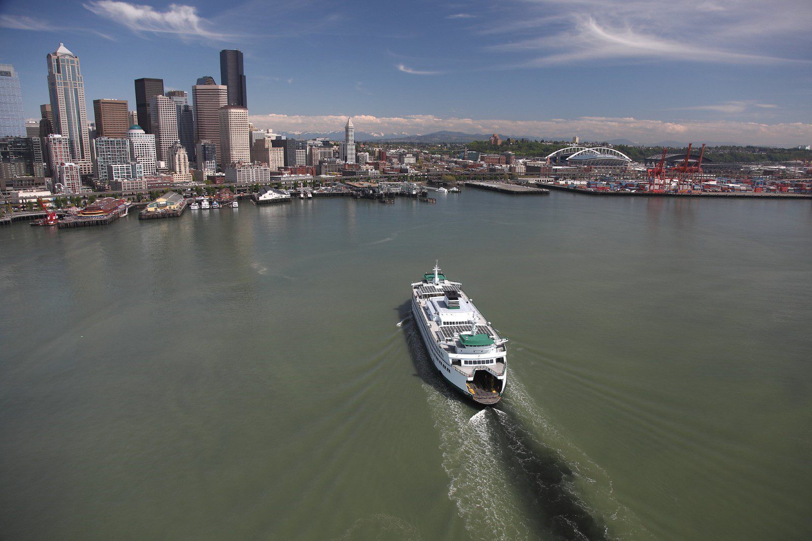 A ferry approaches Seattle. 