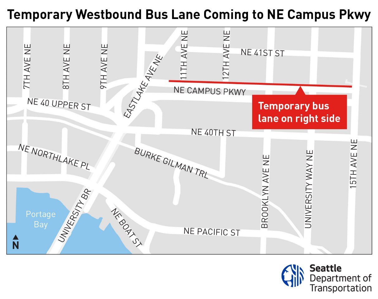 A map of the temporary bus lane on NE Campus Parkway between 15th Ave and 11th Ave NE

Description automatically generated