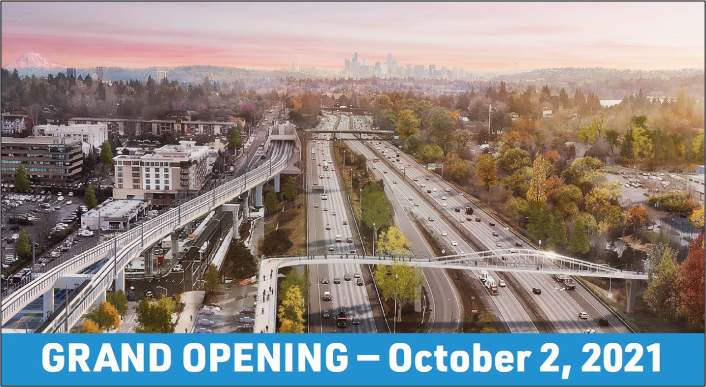 An artist's birds-eye view visualization of the new Northgate Link light rail station shown on the left, and the new John Lewis Memorial Bridge crossing above Interstate 5 in North Seattle, visible in the center to the right.