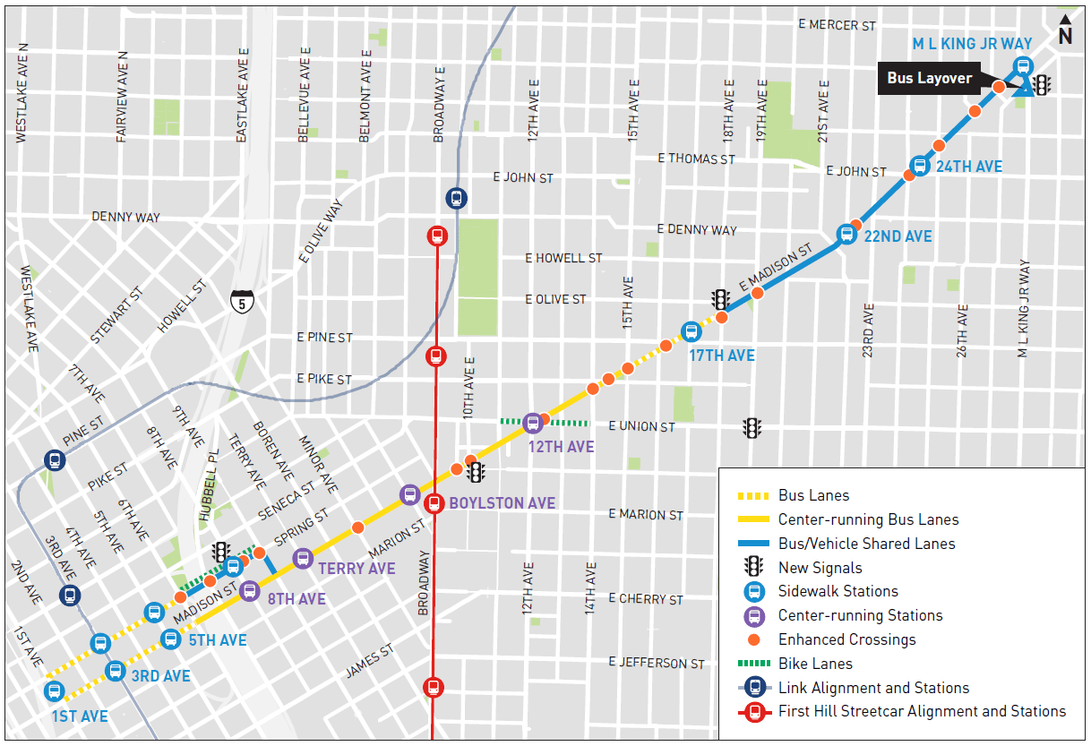 Map of the route for the future Madison - RapidRide G Line corridor in Seattle. The map extends the length of the corridor, showing the route and planned bus stops between Seattle's 1st Ave and Martin Luther King Jr Way. Service begins in 2024.