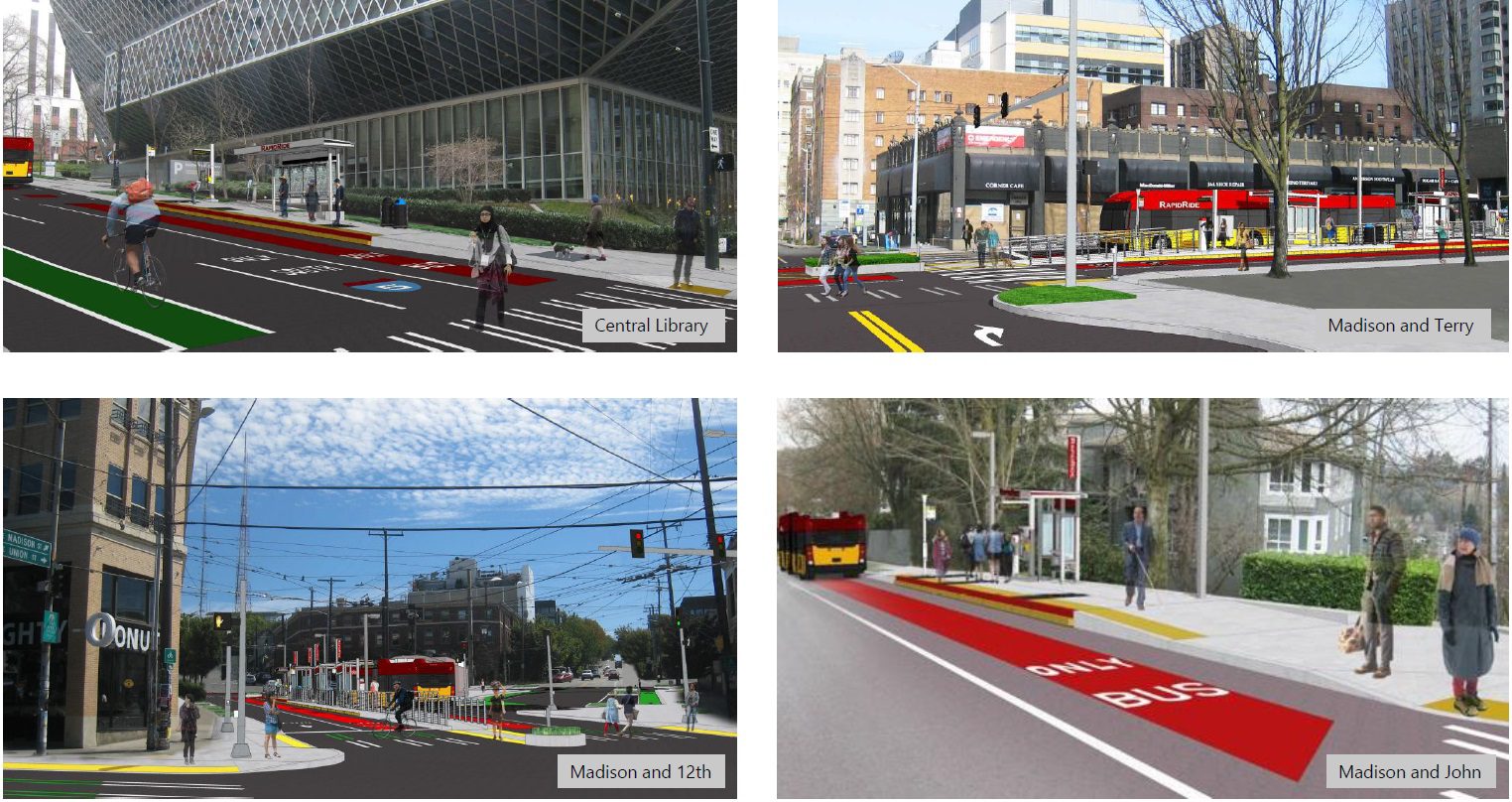 Four conceptual rendering graphics showing a visualization of the new Madison - RapidRide G Line bus rapid transit corridor. The upper left photo shows a cyclist and pedestrian in the foreground with a bus pulling away from a RapidRide stop in the far left. The upper right photo shows a bus loading and unloading passengers, with trees, pedestrians, and buildings available throughout. The lower left photo shows a bus traveling in the corridor on Capitol Hill, with blue skies in the background. The lower right photo shows a bus pulling away and pedestrians walking to their destinations in the middle and right sides.