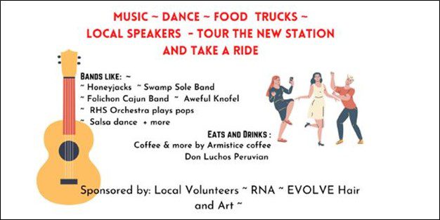 A poster lists the event details of a community celebration in Seattle's Roosevelt neighborhood on Saturday, October 2, 2021. A guitar is visible on the left and three people are dancing together on the right. Additional text notes several local bands that will be playing live music, food and coffee that will be available, and the event sponsors of local volunteers, RNA, and EVOLVE Hair and Art. The image also notes that music, dance, food trucks, local speakers, self-guided tours, and light rail train rides will be available.