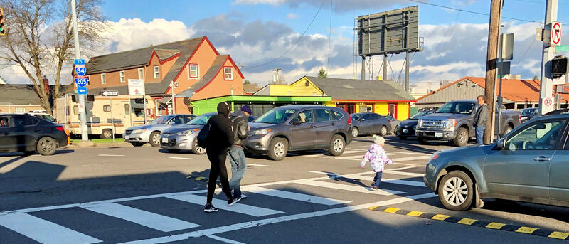 A hardened centerline shown in the lower right corner of this photo of an intersection in Portland. Photo Credit: City of Portland  